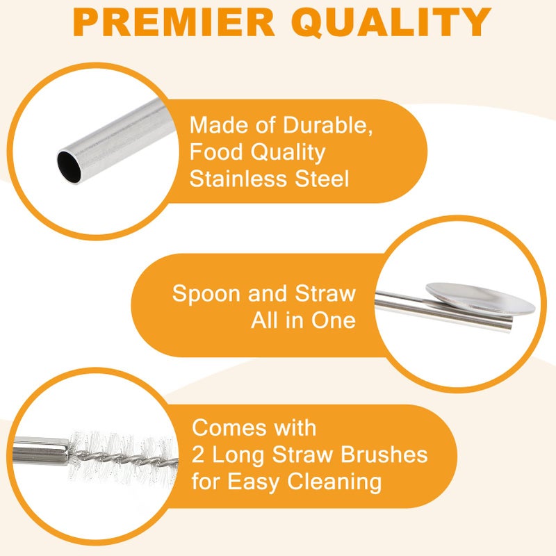 kilofly 12 pcs Bar Spoon Straws Reusable Stainless Steel Long Handle + 2 Cleaning Brushes - Image 3